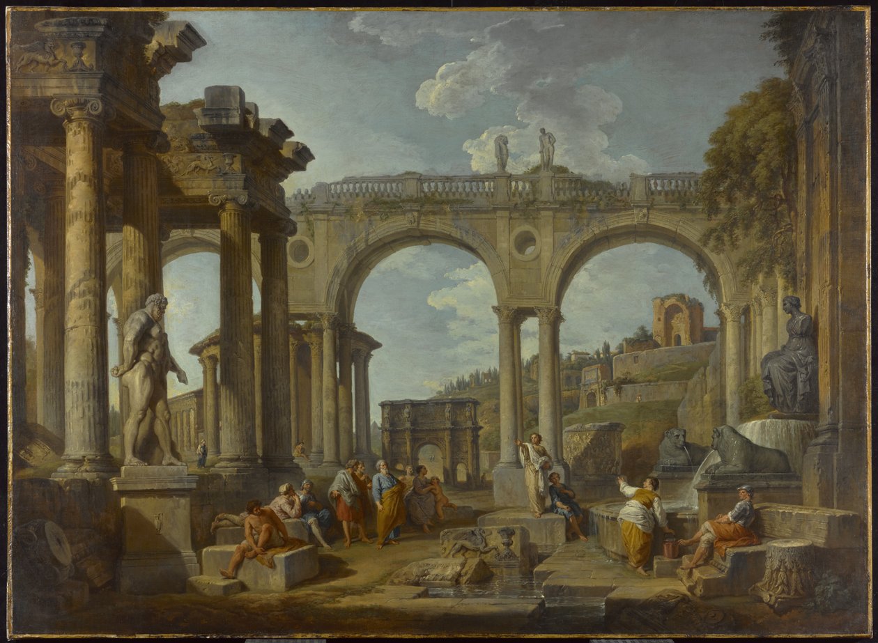 En Capriccio av romerske ruiner med Konstantinbuen, ca. 1755 av Giovanni Paolo Pannini
