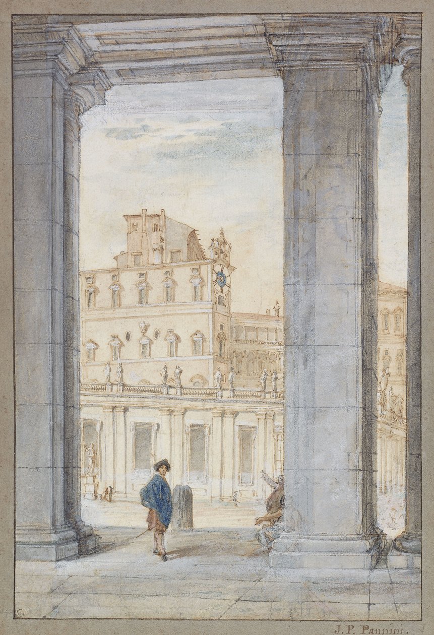 En utsikt over Petersplassen under Berninis søyler, Det sixtinske kapell og pavepalasset bortenfor; En utsikt over Petersplassen fra Berninis søyleganger, Det sixtinske kapell og det pavelige palasset bortenfor, av Giovanni Paolo Pannini