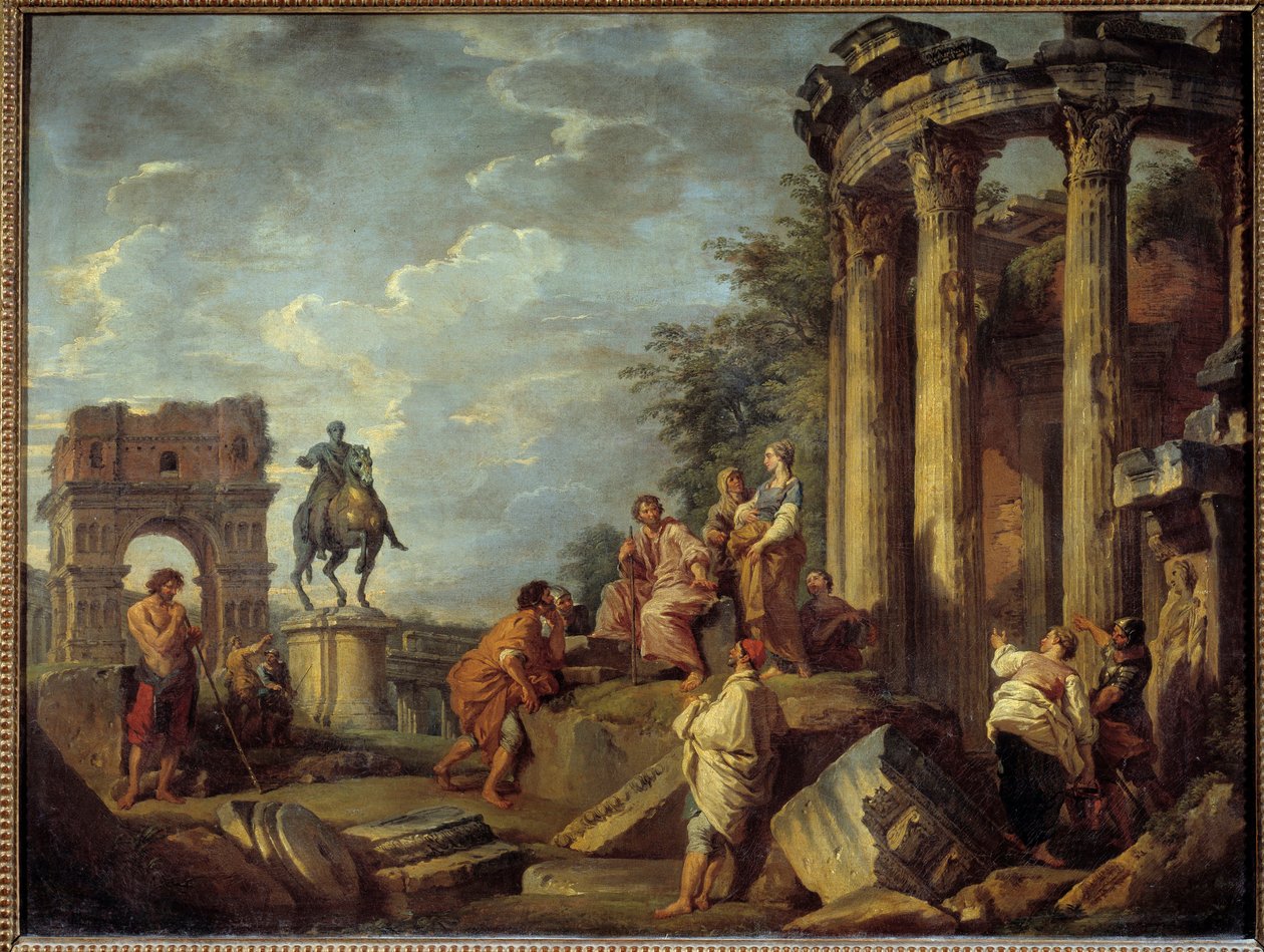 Arkitektoniske ruiner med buen til Janus, tempelet til Vesta og statuen av Marc Aurele (Marco Aurelio) Maleri av Giovanni Paolo Pannini (Panini) (1691-1765) 1700-tallet Søn. 0,79x0,87 m av Giovanni Paolo Pannini