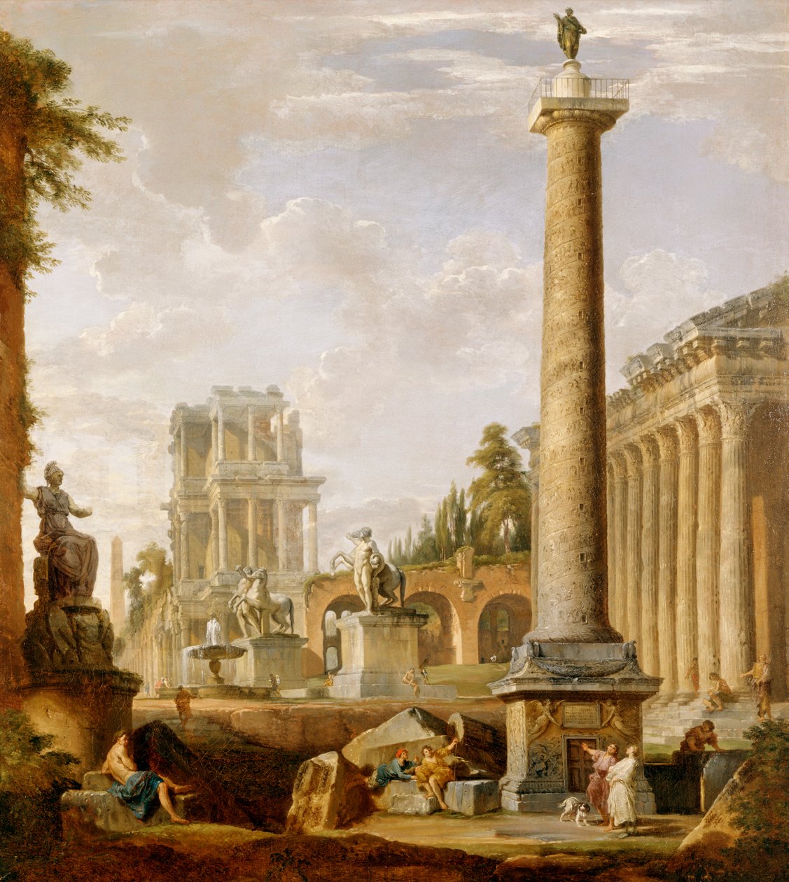 Capriccio av romerske ruiner med Trajans søyle (olje på lerret) av Giovanni Paolo Pannini
