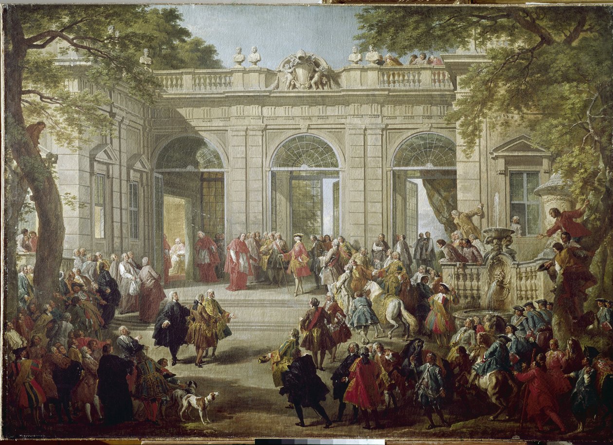 Karl III av Spania eller Karl av Bourbon, konge av Napoli (1716-1788) Pave Benedetto XIV besøker kaffehuset til Quirinale-palasset (Quirinal) Maleri av Giovanni Paolo Pannini (1691-1765) 1746 Napoli, Capodi nasjonalmuseum av Giovanni Paolo Pannini