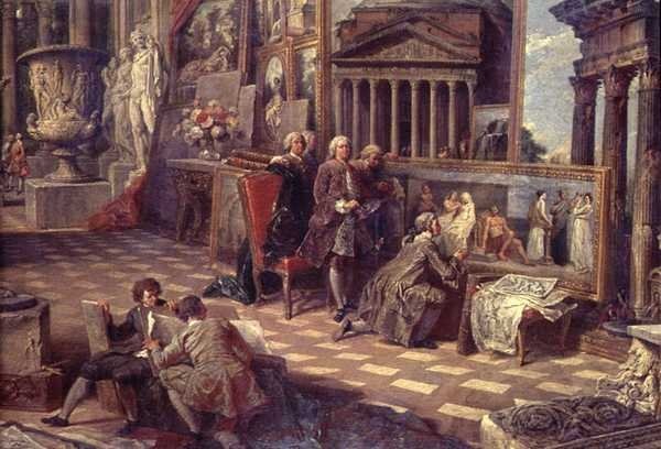 Detalj av interiøret til et imaginært bildegalleri av Giovanni Paolo Pannini