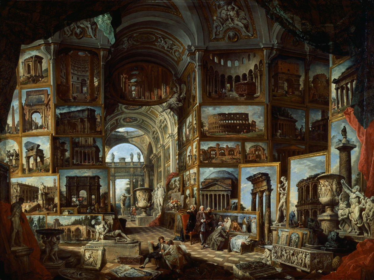 Imaginært galleri med utsikt over det gamle Roma, ca 1756, av Giovanni Paolo Pannini (1691-1765), olje på lerret av Giovanni Paolo Pannini