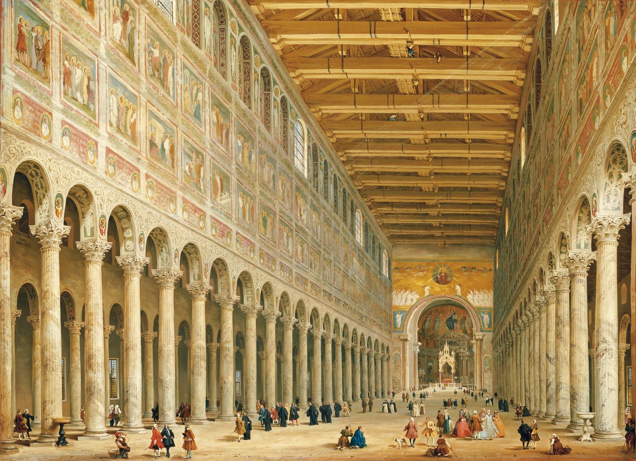 Interiør av San Paolo Fuori le Mura, ser mot alteret av Giovanni Paolo Pannini