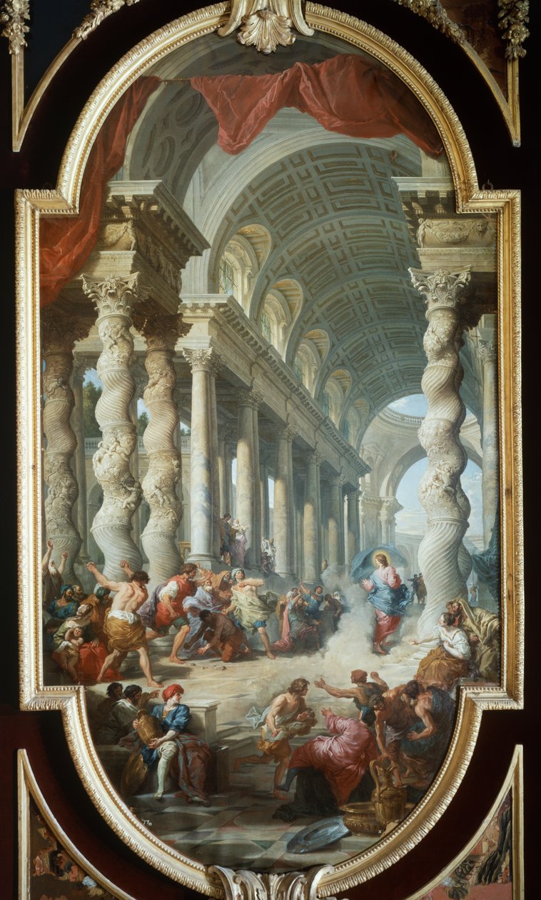 Jesus steinet i tempelet, av Giovanni Paolo Panini (1691-1765), maleri, Palace of La Granja, Segovia, Spania. av Giovanni Paolo Pannini