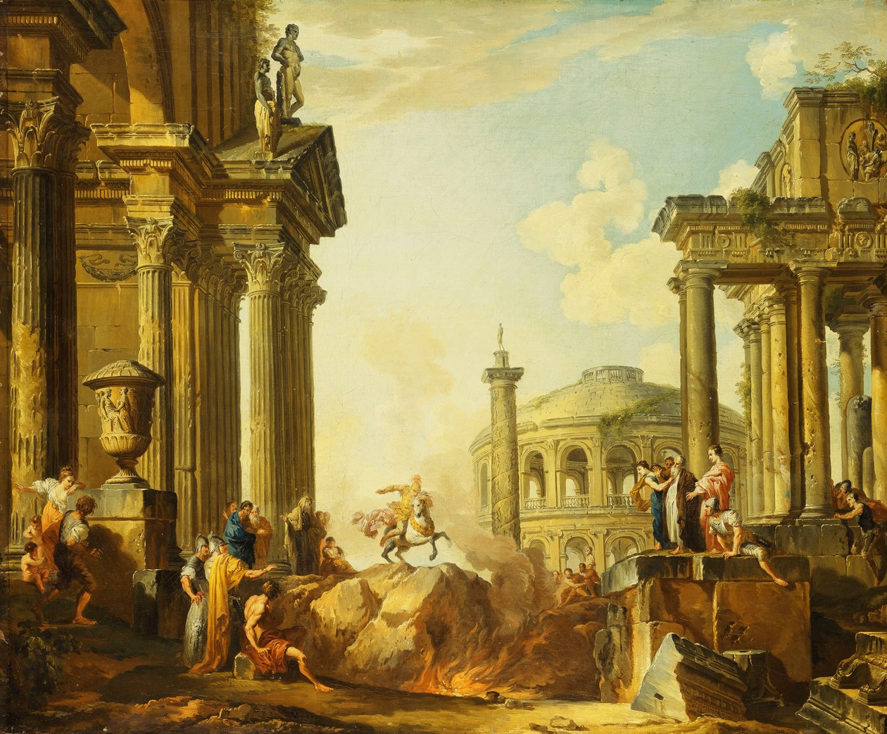 Marcus Curtius hopper inn i kløften, en Capriccio med Trajans søyle og andre klassiske bygninger bortenfor, av Giovanni Paolo Pannini