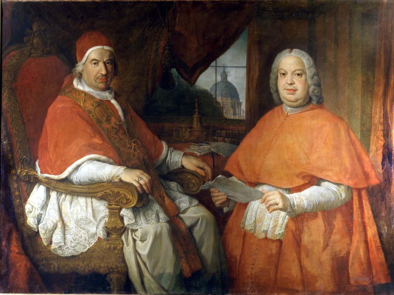 Portretter av pave Benedikt XIV (1675 - 1758) og kardinal Silvio Valenti Gonzague. Maleri av Giovanni Paolo Pannini (Panini). 18. århundre. Nasjonalt romersk museum, Roma. av Giovanni Paolo Pannini