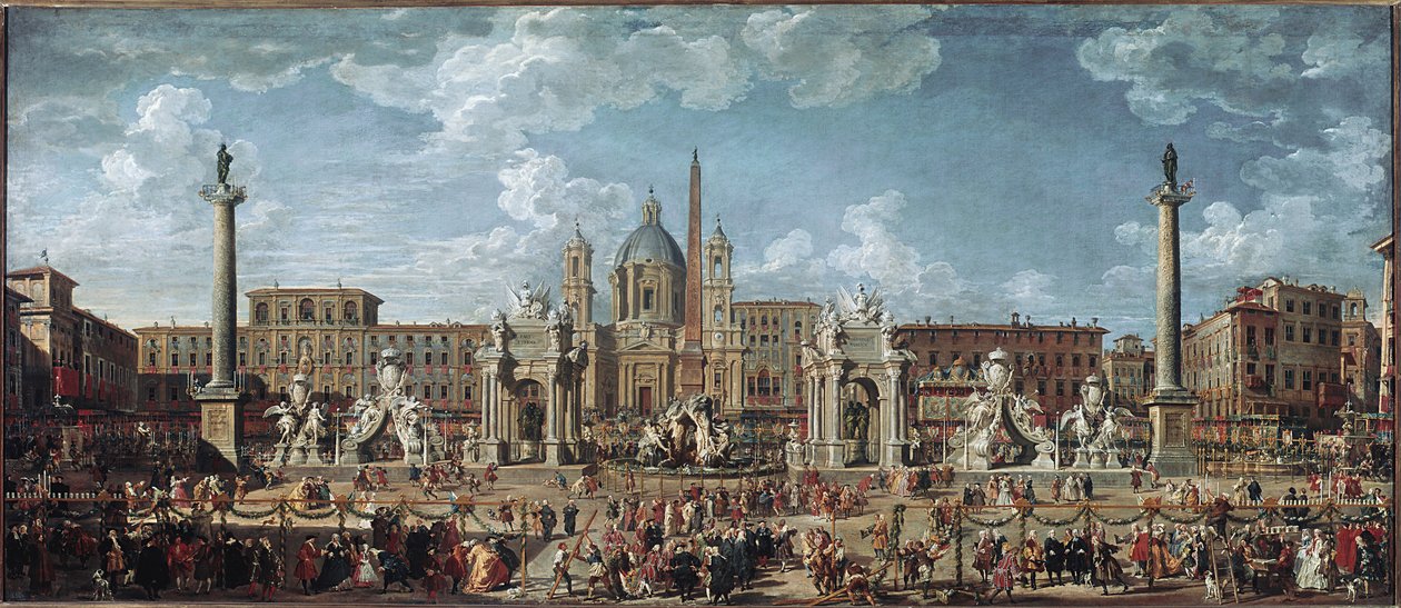 Forberedelser til fyrverkeri og dekorasjoner av festen gitt i Roma for å feire fødselen til Louis de France-delfinen (olje på lerret av Giovanni Paolo Pannini