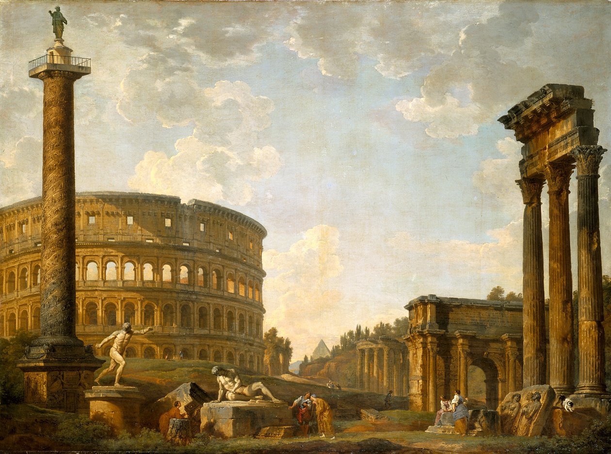 Roman Capriccio: Colosseum og andre monumenter (olje på lerret) av Giovanni Paolo Pannini