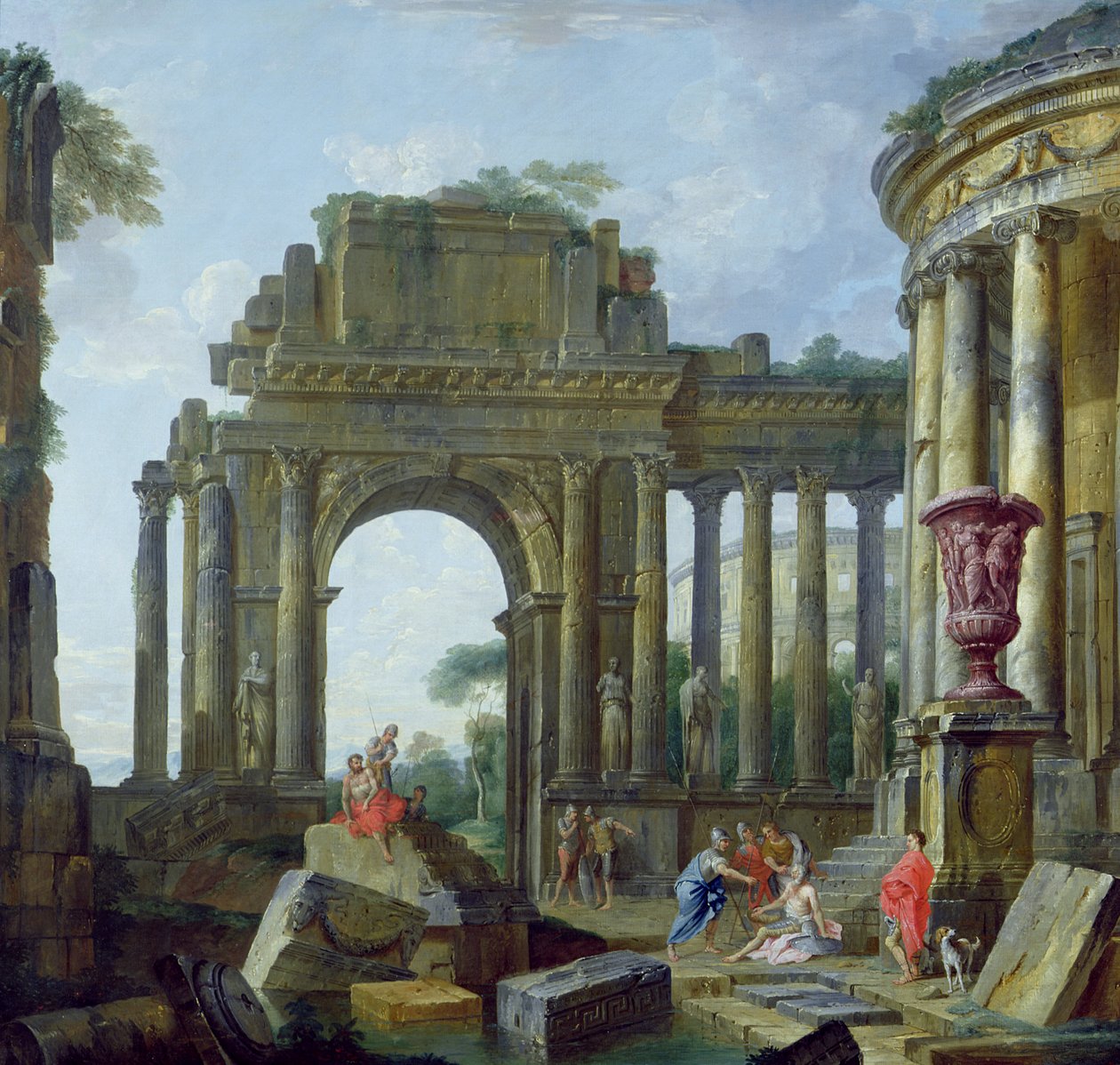 Romerske ruiner med de blinde Belisarius (olje på lerret) av Giovanni Paolo Pannini