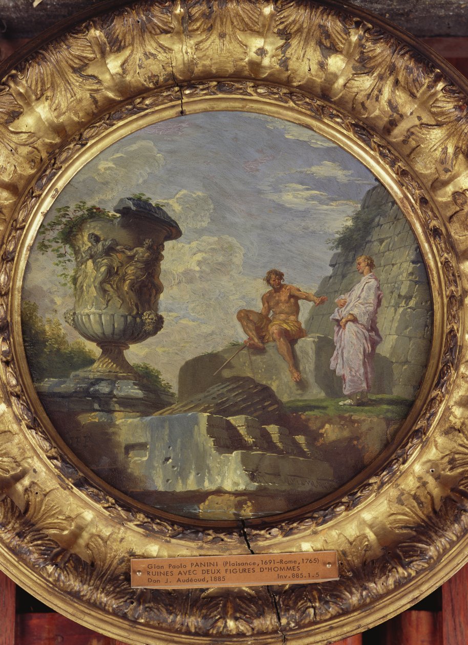 Ruiner med to menn, ca. 1750-60 (olje på kobber) av Giovanni Paolo Pannini