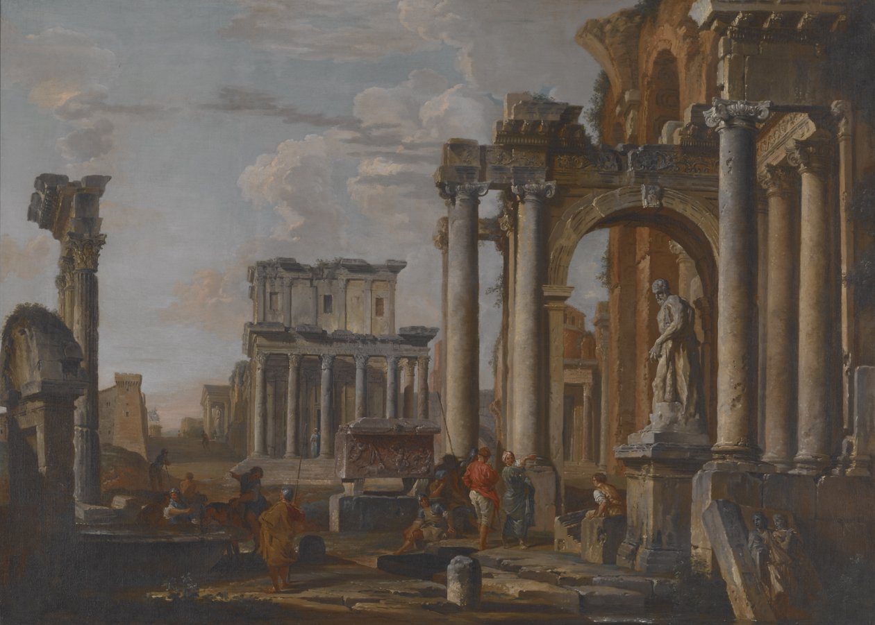 Ruiner med tempelet til Antoninus og Faustina, c1727-30 (olje på lerret) av Giovanni Paolo Pannini