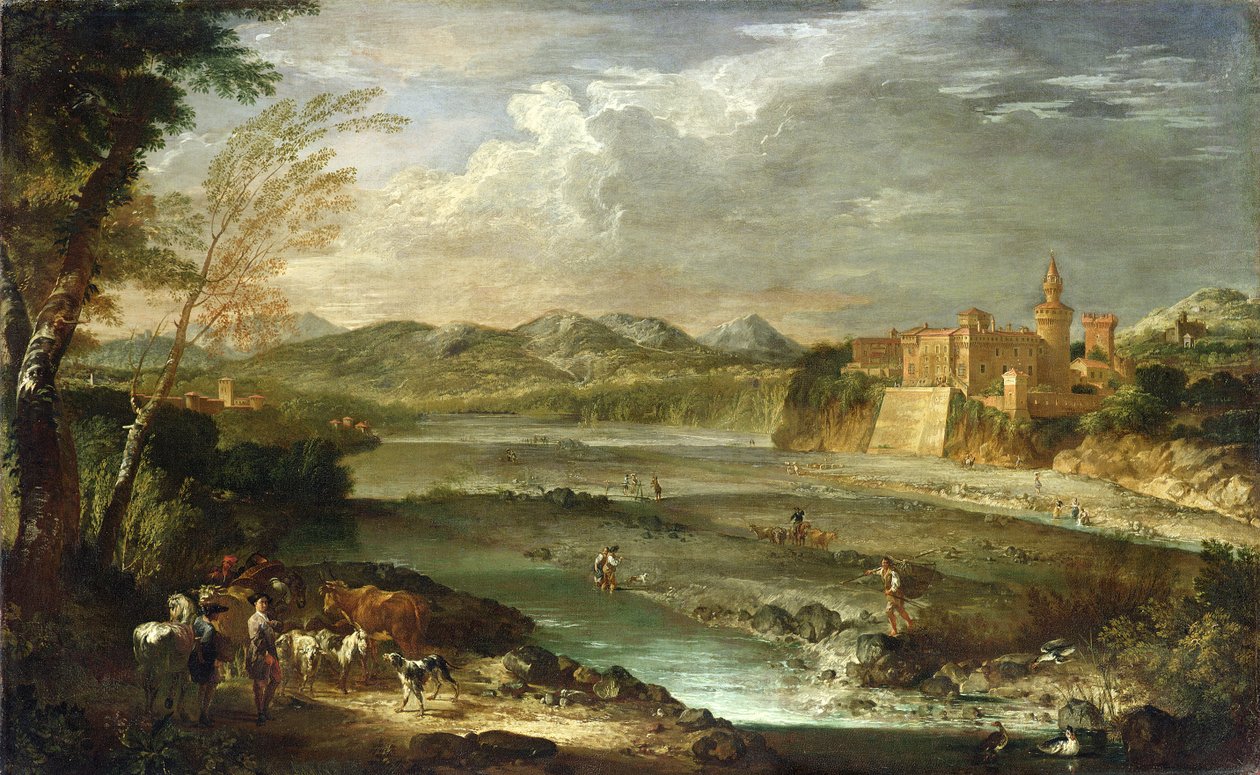 Trebbia-dalen med slottet Rivalta, ca. 1720 av Giovanni Paolo Pannini