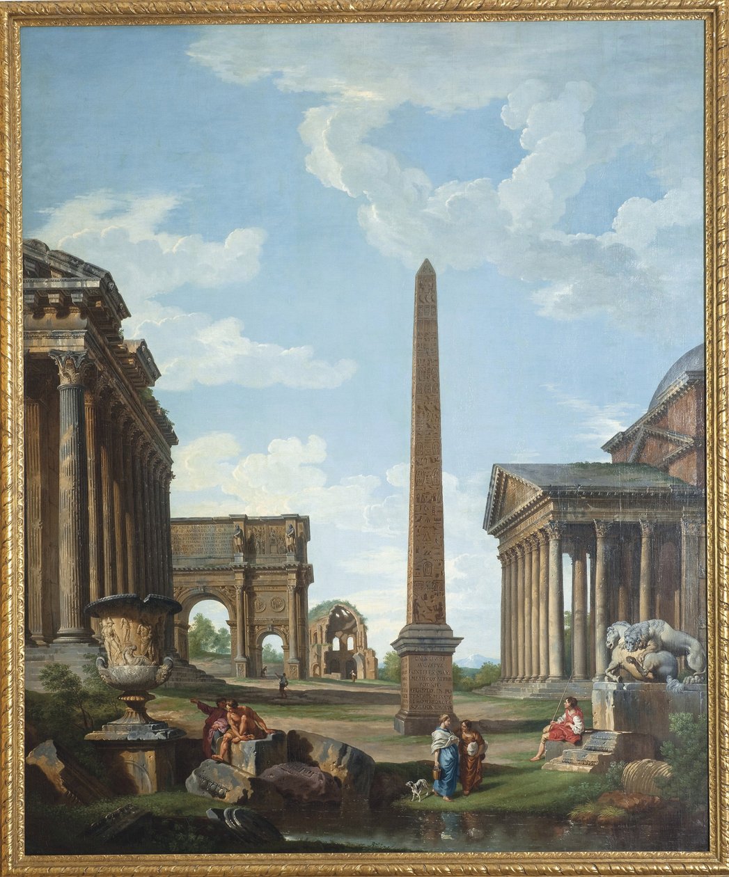En capriccio med romerske ruiner og en scene fra Belisaires liv - Maleri av Giovanni Paolo Panini (Pannini) (1691-1765), olje på lerret, 210,8x173 cm - (En capriccio med romerske ruiner og en scene fra Belisarius liv , Olje på lerret av Gio av Giovanni Paolo Pannini