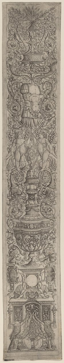Ornamentpanel: Griffins og to amoriner som krysser hellebarder av Giovanni Pietro Birago and Zoan Andrea