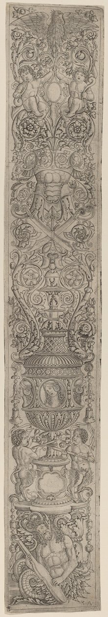 Ornamentpanel: Triton og Two Infant Satyrs av Giovanni Pietro Birago and Zoan Andrea