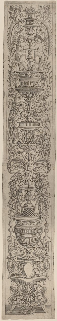 Ornamentpanel: To sfinkser og to barn som holder håndflater av Giovanni Pietro Birago and Zoan Andrea