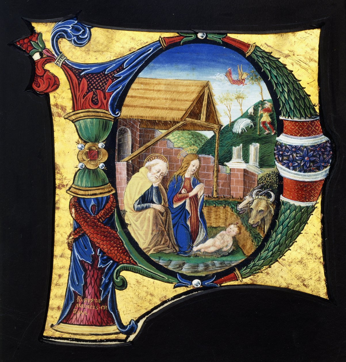 En stor historisk initial "P", som viser en julekrybbe, ca. 1490 av Giovanni Pietro Medici Da Crema
