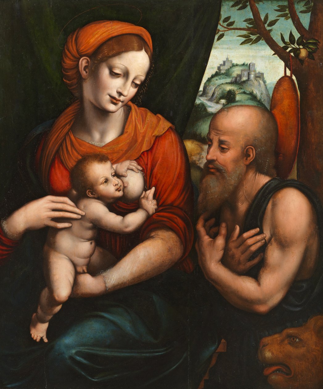 Jomfru og barn med Saint Hieronymus av Giovanni Pietro Rizzoli (attr. to) Giampietrino