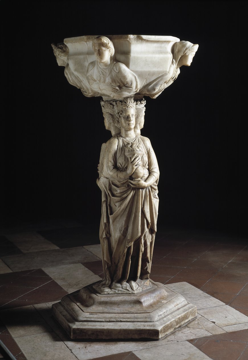 Stoup med en søyle dekorert med de tre teologiske dydene og et basseng dekorert med byster av de fire kardinaldydene, 1200-tallet (skulptur) av Giovanni Pisano