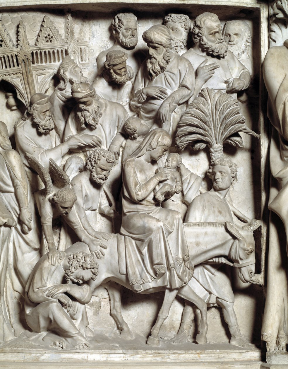 Detalj av relieffene av stolen realisert av Giovanni Pisano (1248-1314): Detalj av relieffene av marmorprekestolen, flukt inn i Egypt 1302-1311 Cathedrale de Pisa (Duomo di Pisa), Italia av Giovanni Pisano