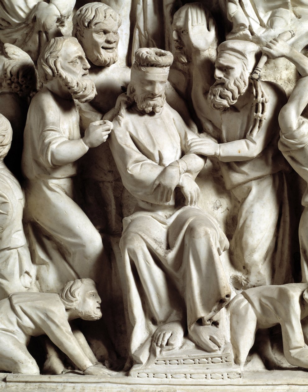 Detalj av relieffene av stolen realisert av Giovanni Pisano (1248-1314): Detalj av relieffene av marmorprekestolen, jesus hånet 1302-1311 Cathedrale of Pisa (Duomo di Pisa), Italia av Giovanni Pisano