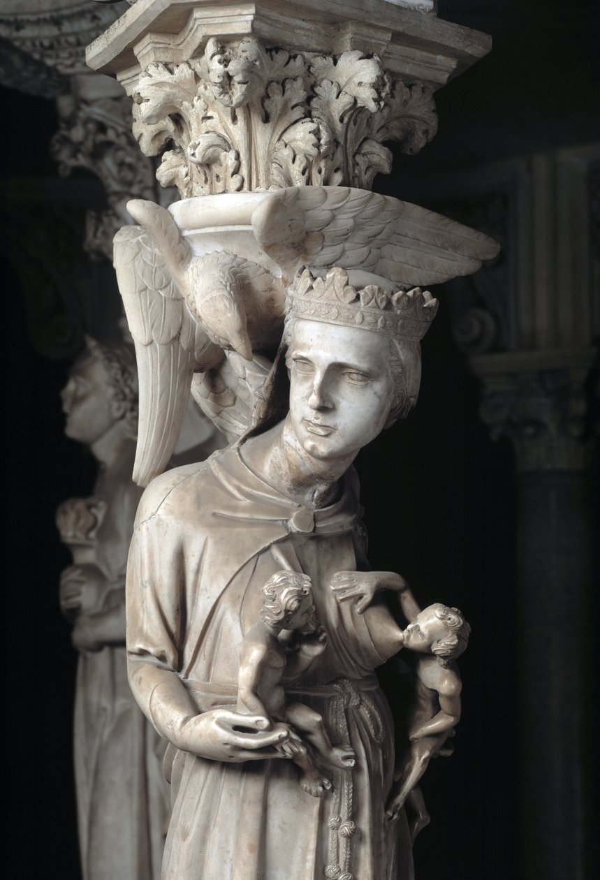 Detalj av de skulpturerte gruppene som støtter stolen realisert av Giovanni Pisano (1248-1314): Kirken nærer sine barn (Detalj av skulpturene som støtter marmorprekestolen, kirken mater barna hennes) 1302-1311 Cathedrale de Pisa (Duomo di Pis) av Giovanni Pisano