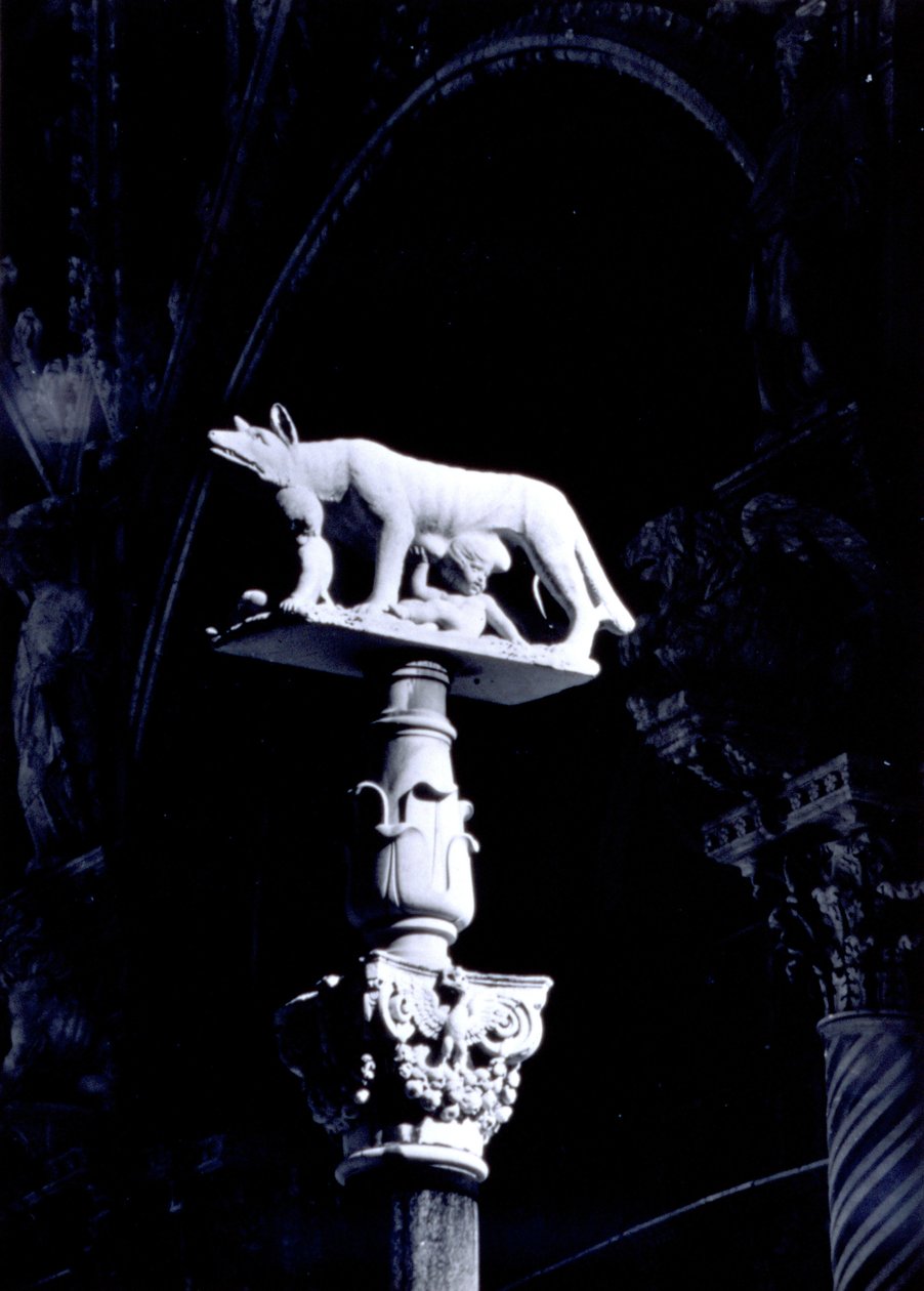 The Sienese Wolf, med tvillingene Romulus og Remus, fasaden til Piazza del Duomo (marmor) av Giovanni Pisano