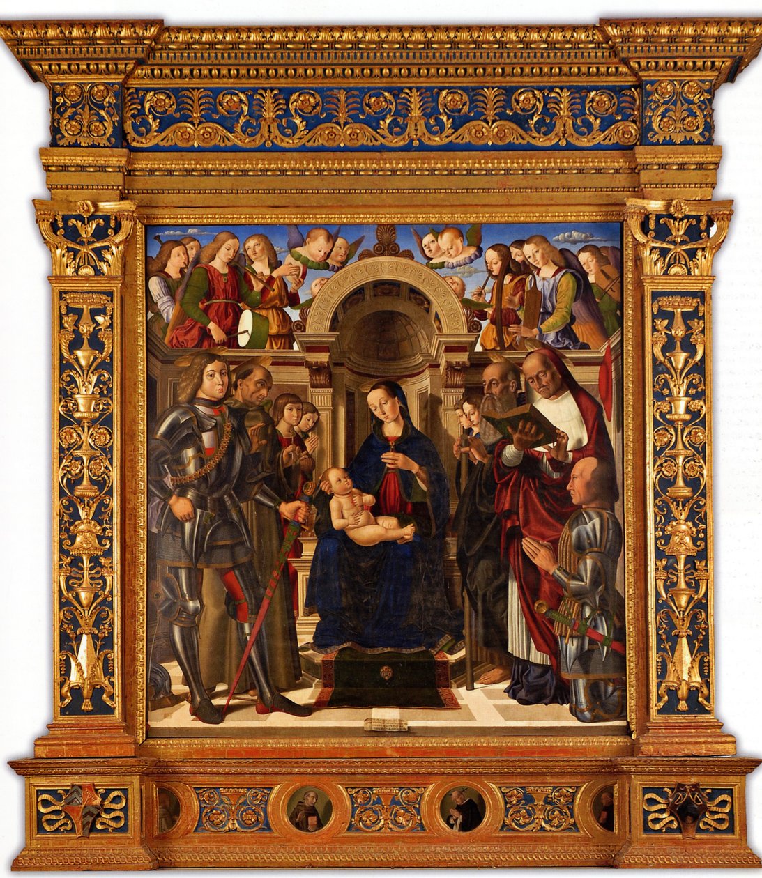 Pala Oliva. Madonna og barn tronet mellom de hellige George, Frans av Assisi ..., 1489. av Giovanni Santi