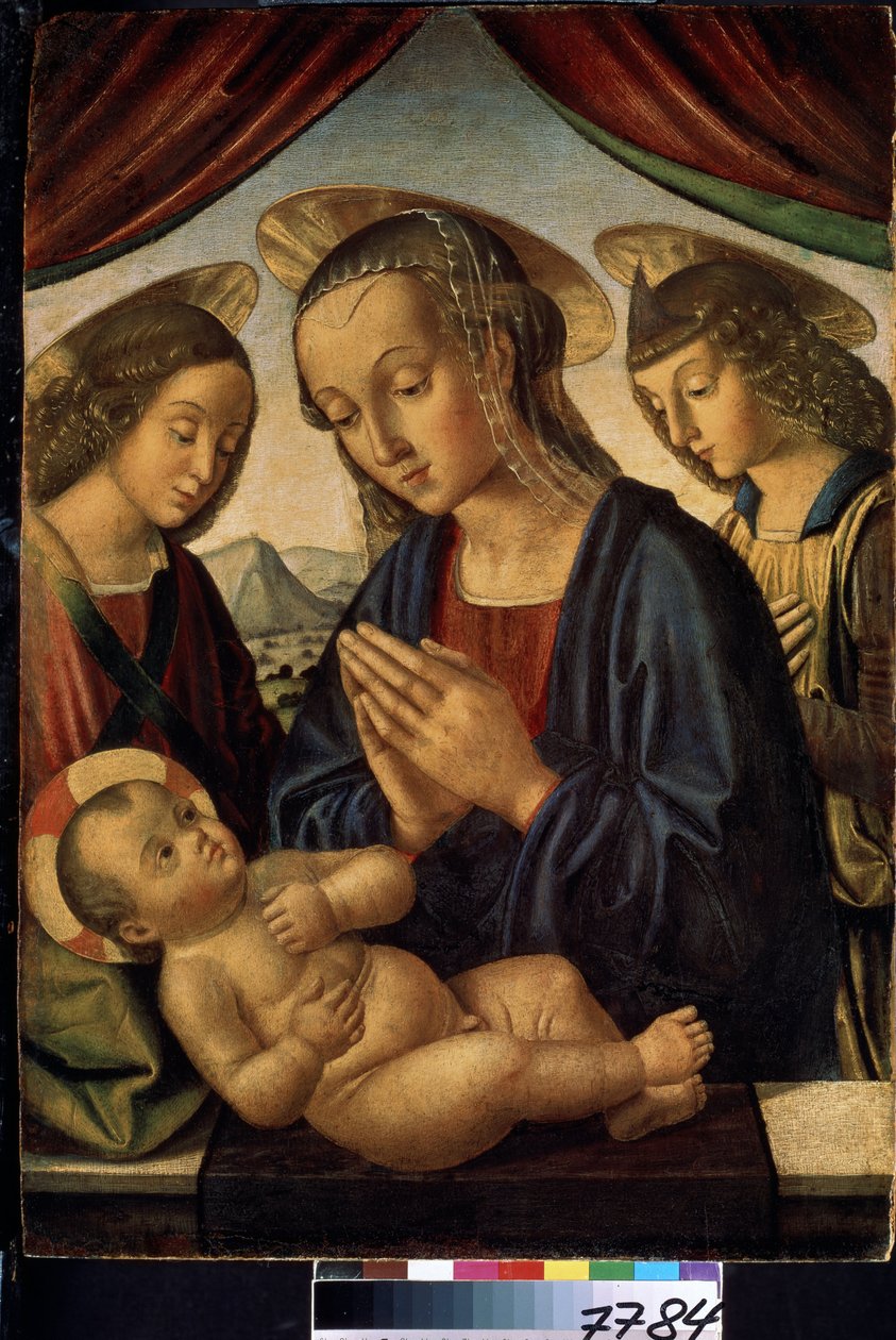 Jomfruen og barnet med engler (Jomfru og barnet med engler). Jesu Kristi glorie er merket med et kors. Maleri av Giovanni di Sante di Pietro eller Giovanni Santi eller Sanzio (cirka 1435-1494). Tempera på tre, 62 x 44 cm av Giovanni Santi or Sanzio