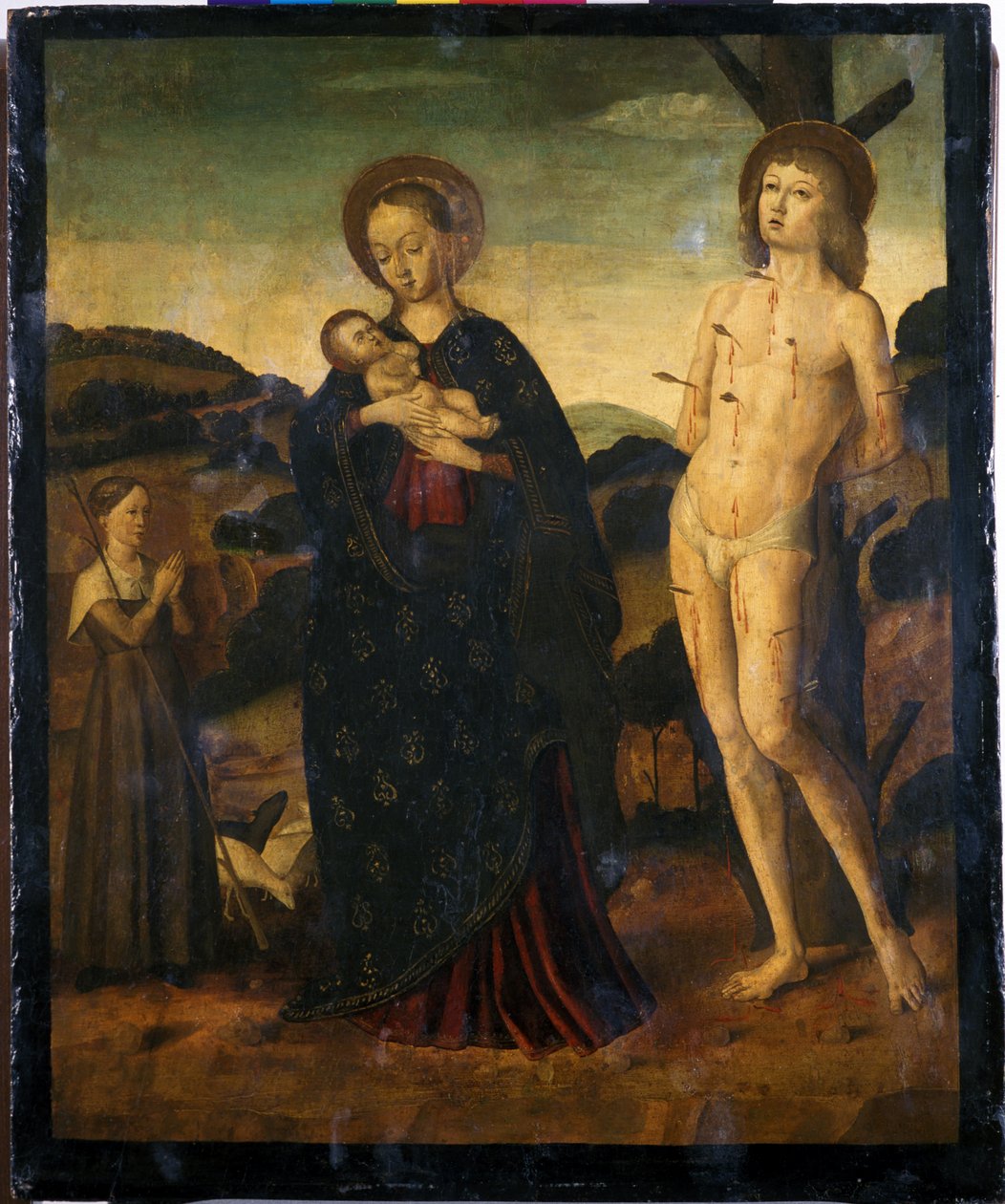 Madonna og barn med St. Sebastian og en gjeterinne (tempera på poppelved) av Giovanni Santi or Sanzio