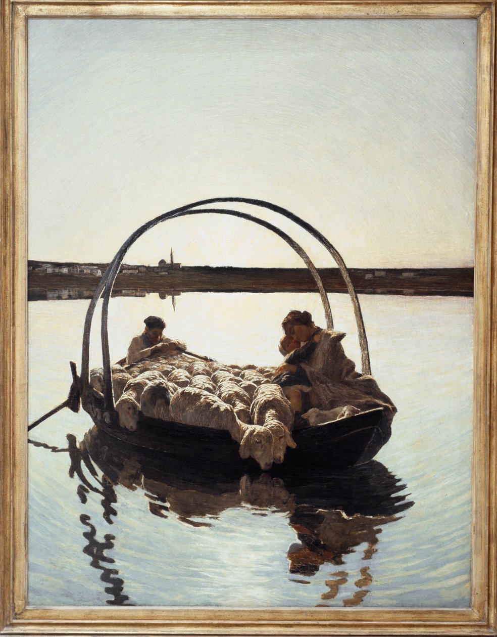 Ave Maria: En mor som holder barnet sitt mot seg med en flokk sauer på en ferge som krysser en elv av Giovanni Segantini