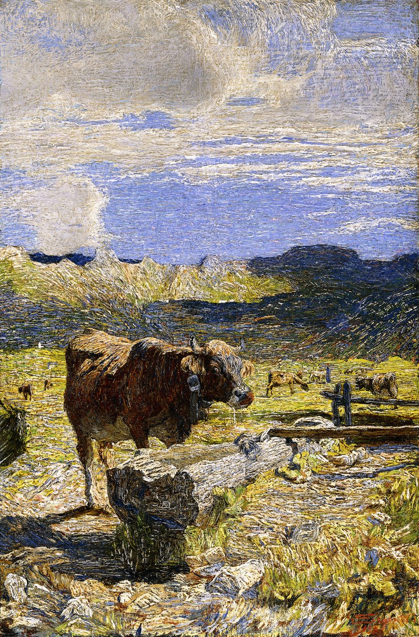 Brun ku som drikker fra et trau, 1892 av Giovanni Segantini