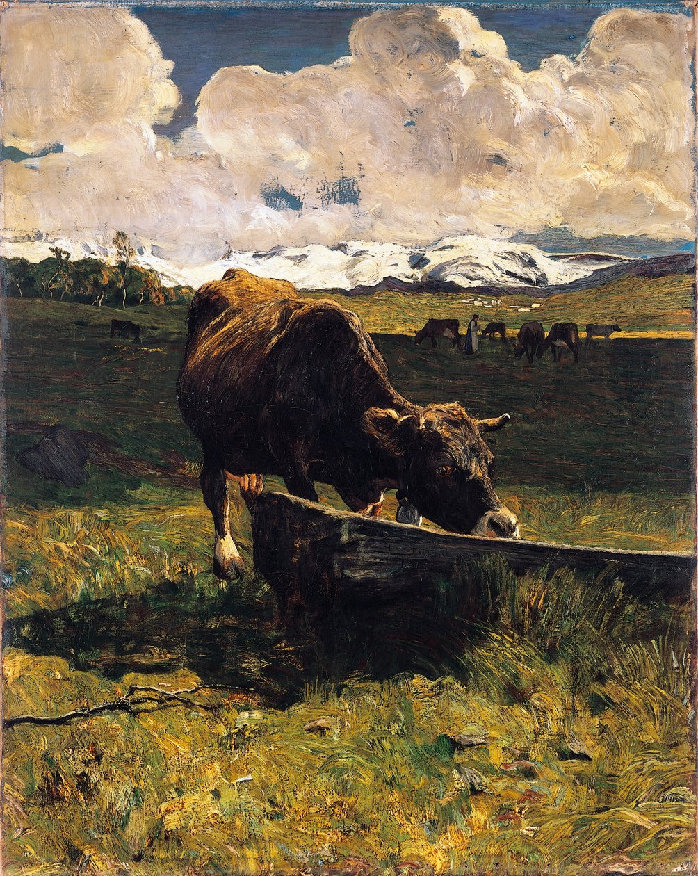 Brun ku ved trau av Giovanni Segantini (1858-1899), olje på lerret, 88x69 cm av Giovanni Segantini