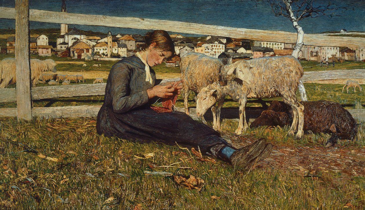 Jente lager sokker av Giovanni Segantini (1858-1899), olje på lerret, 54x88 cm av Giovanni Segantini