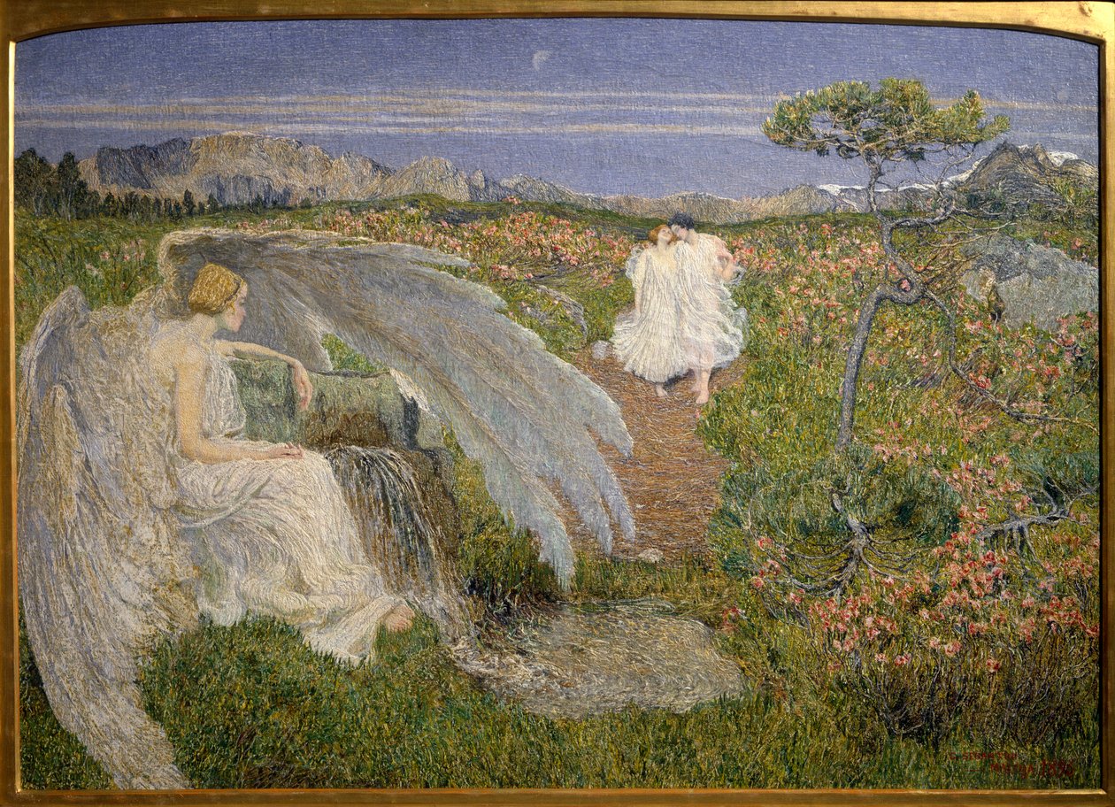Love Source of Life: En engel som ser på et par gå i et drømmeaktig landskap av Giovanni Segantini