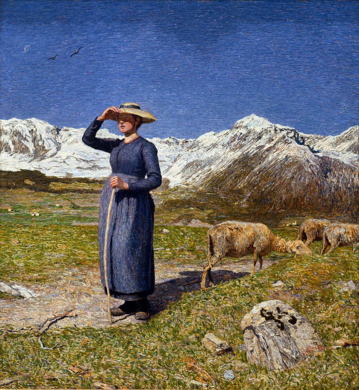 Middag i Alpene En bergere beskytter øynene mot solen. Maleri av Giovanni Segantini (1858-1899) 1891 Søn. 7,5x71,57 cm Samling O. Fischebacher av Giovanni Segantini
