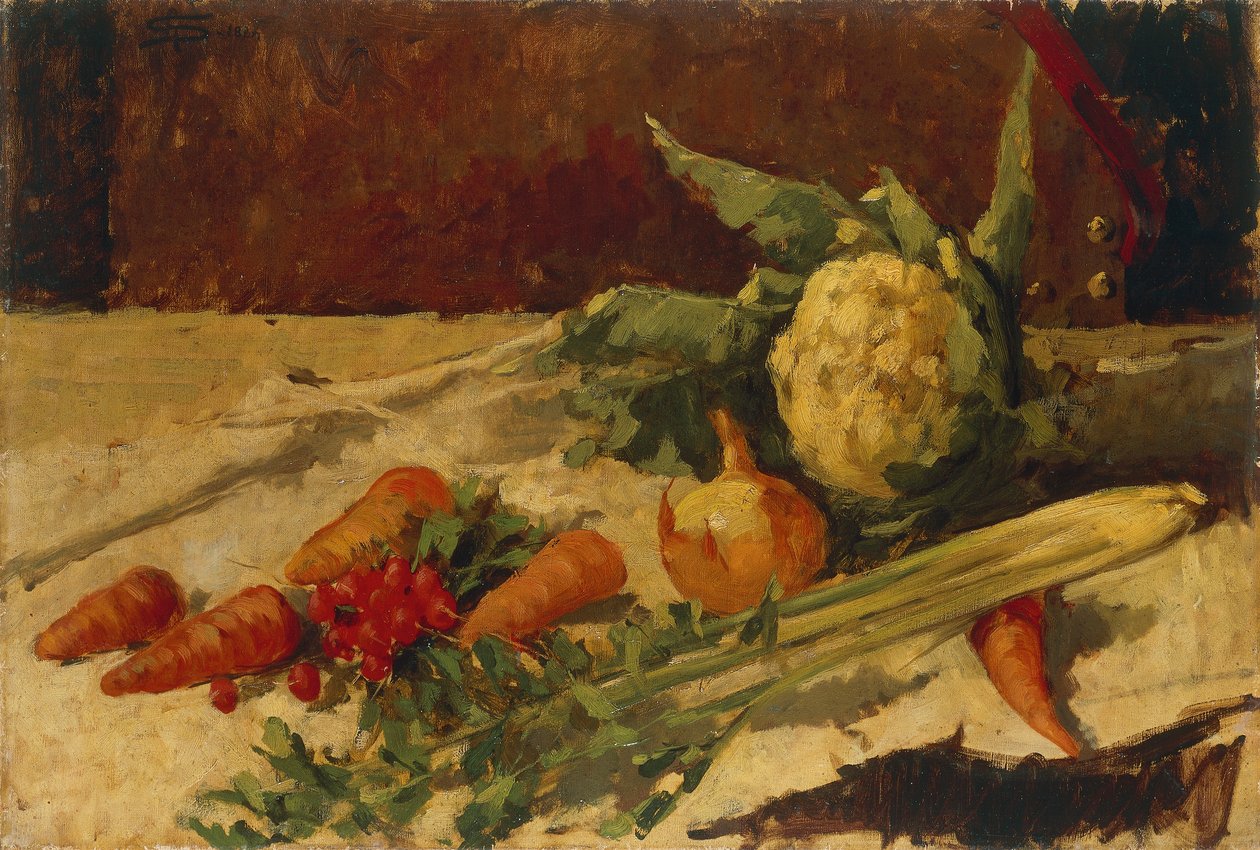 Stilleben med gulrøtter, av Giovanni Segantini (1858-1899), olje på lerret, 51x75 cm av Giovanni Segantini