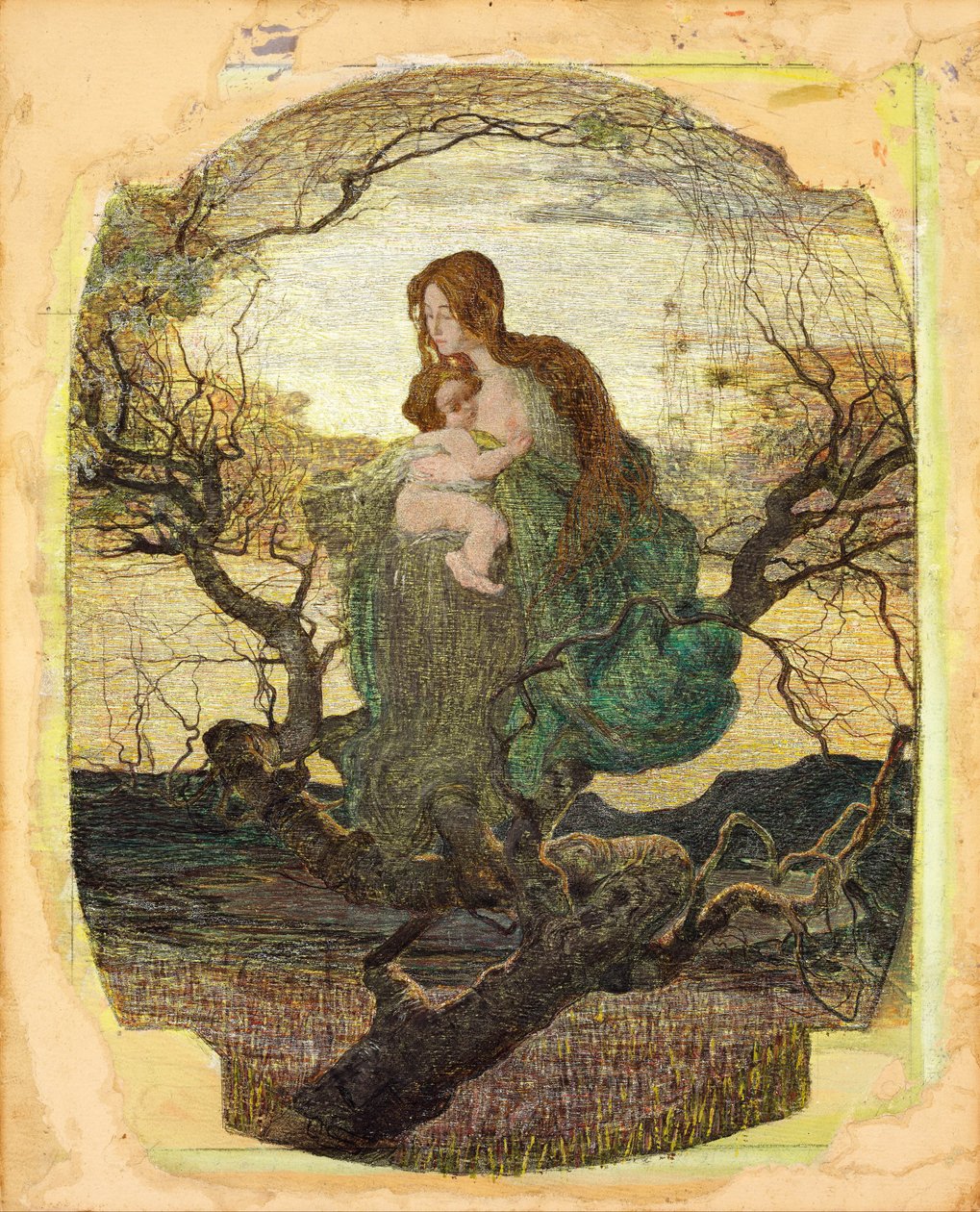 Livets engel - Peinture de Giovanni Segantini (1858-1899) - 1894-1895 - Akvarell, gouache, gull og hvite farger på papir - 59,5x47,9 - Szepmuveszeti Muzeum, Budapest av Giovanni Segantini