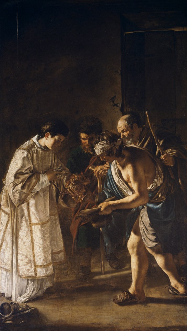 Lorenzo deler ut Kirkens varer til fattige av Giovanni Serodine