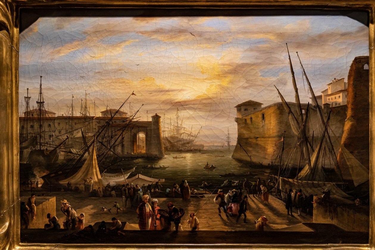 Marinaen i Livorno og Medici-festningen i bakgrunnen av Giovanni Signorini