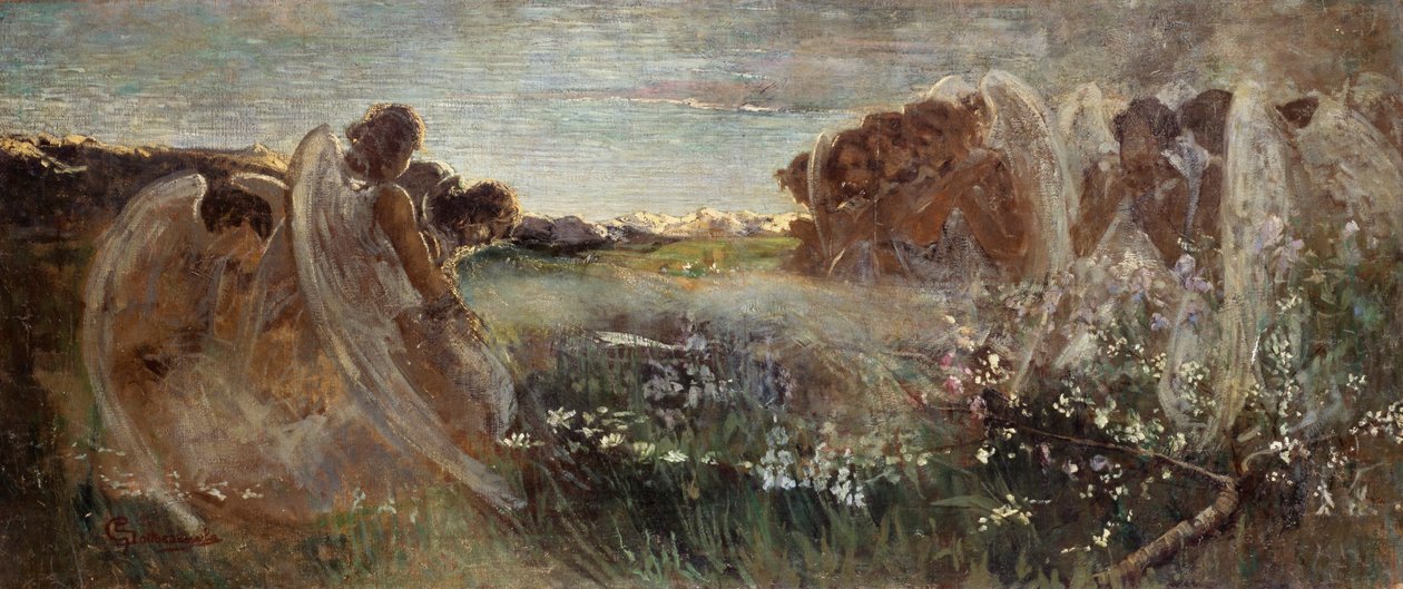 Englenes bønn, av Giovanni Sottocornola (1855-1917), olje på lerret, 54x128,5 cm av Giovanni Sottocornola