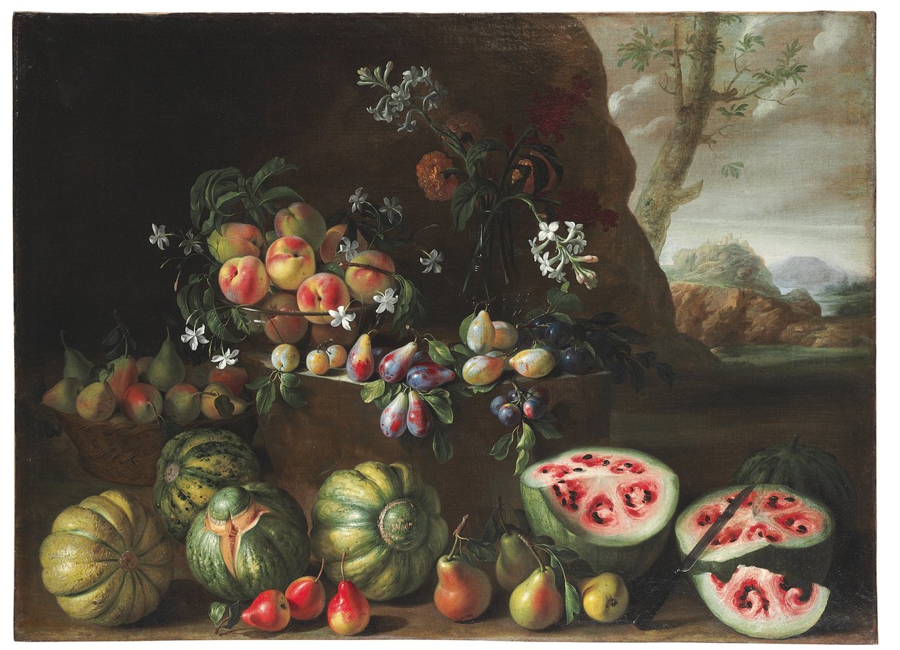 Vannmeloner, fersken, pærer og annen frukt i et landskap av Giovanni Stanchi