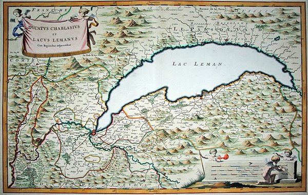 Genfersjøen, fra en to-binders bybok om Savoy og Piemonte, gravert av Joannes de Broen (1649-c.1730) av Giovanni Tommaso (after) Borgionio