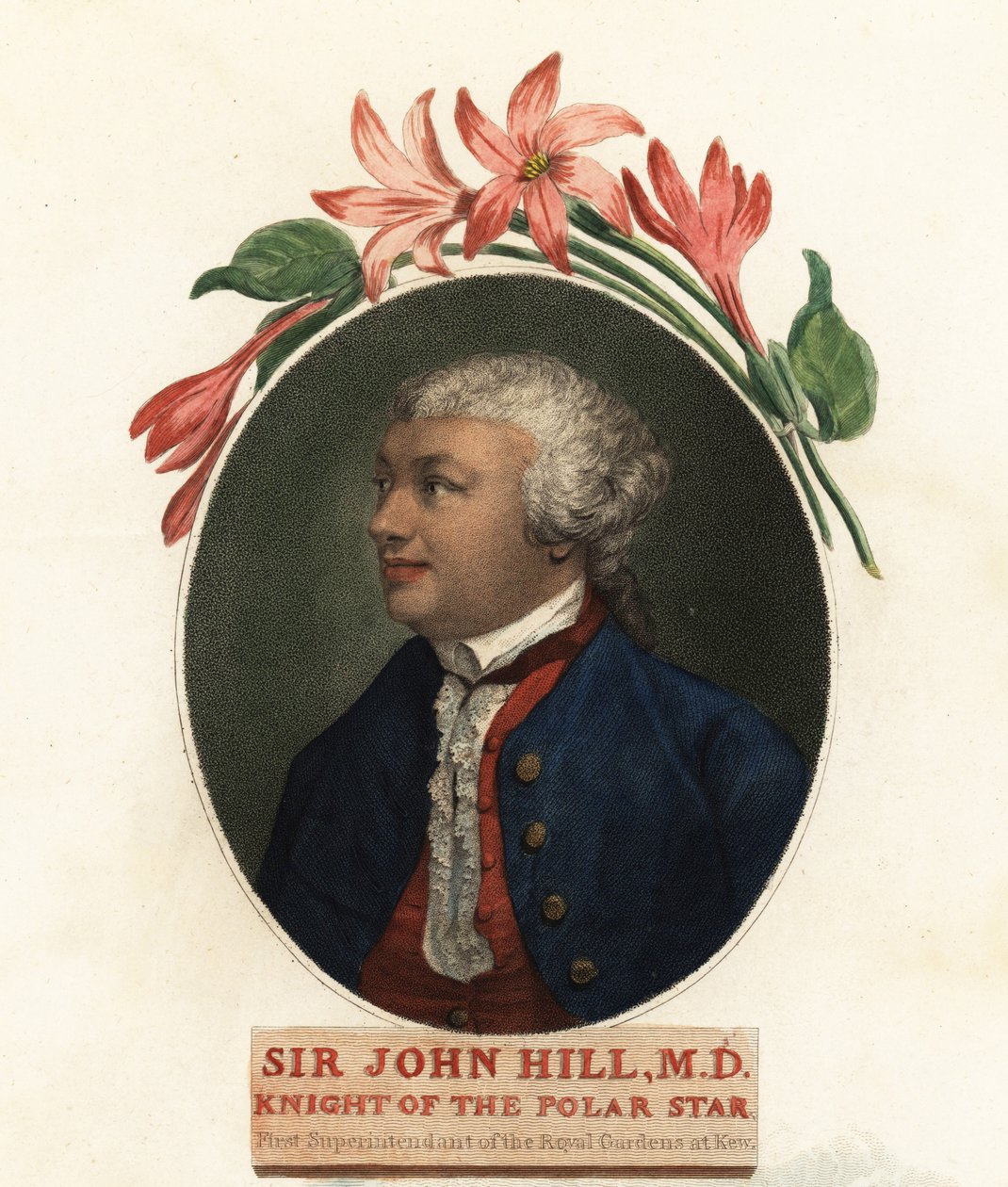 Portrett av Sir John Hill, naturforsker og botaniker. 1800 (gravering) av Giovanni Vendramini