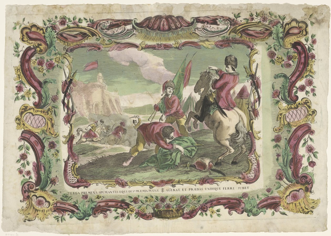 Soldaten in een strijd voor een fort Ved å trykke bak den frådende hesten kommanderer lederen kampens premier / han befaler å bære byttet fra alle kanter (tittel på objekt) av Giovanni Volpato (possibly)