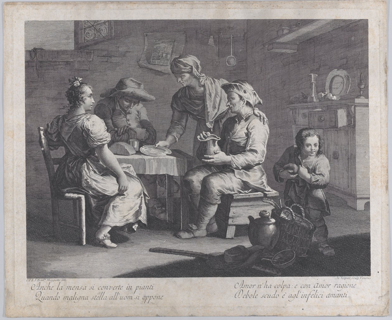 Tre personer satt rundt et bord til venstre mens en mann kommer med en tom tallerken..., 1760-70. av Giovanni Volpato