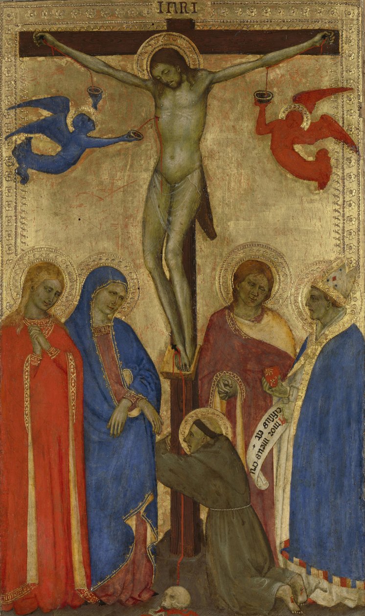 Korsfestelsen Kristus på korset med St. Frans, Maria Magdalena, Maria, Johannes og Ignatius av Antiokia av Giovanni da Milano