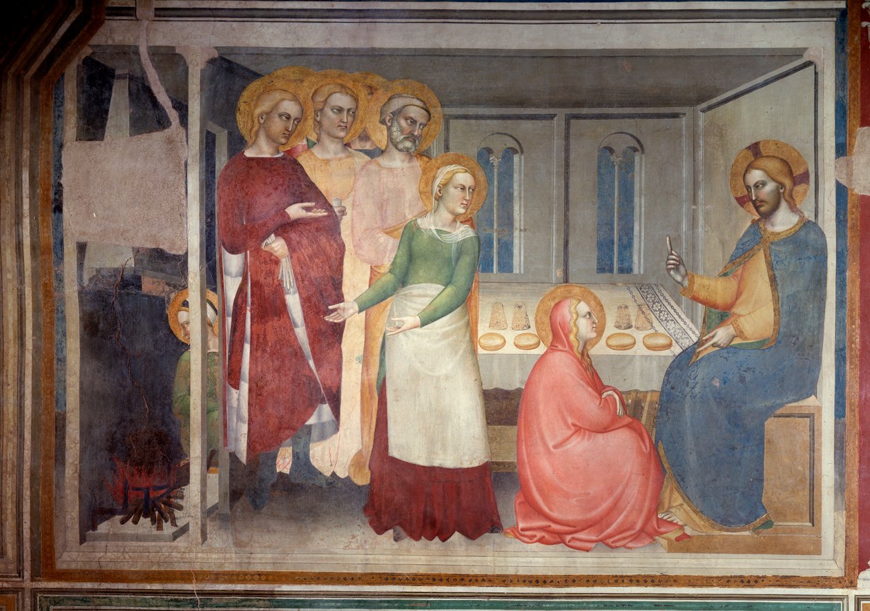 Jomfruens liv: Kristus i huset til Marta og Maria (Fresco av Giovanni da Milano
