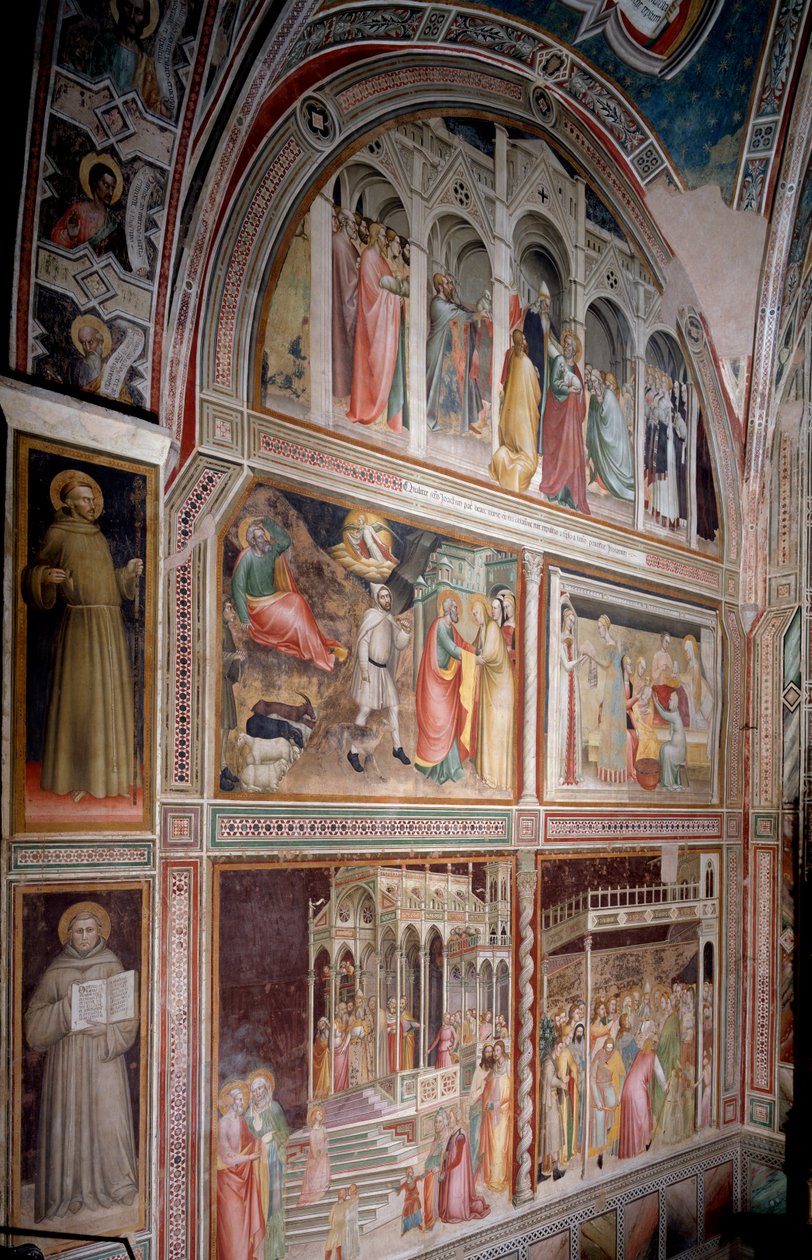 Jomfruens liv: Joachim utvist fra tempelet, kunngjøringen og møtet med Anne, Marias fødsel, presentasjonen og ekteskapet (Fresco av Giovanni da Milano
